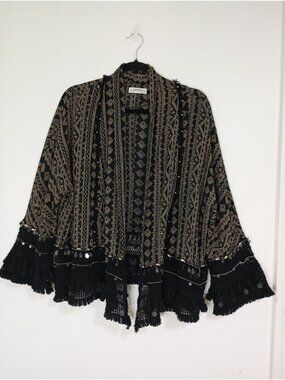 Zara Woman Premium Embroidered Open Front Kimono Crochet Trim Sequin Details M
